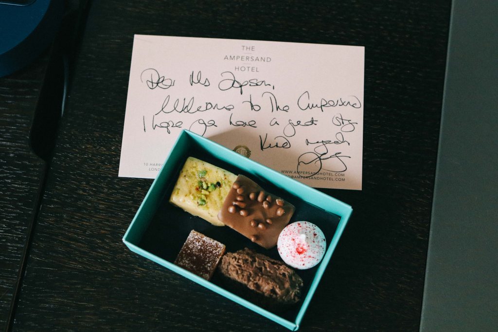 A note and chocolates left by the team at the Ampersand Hotel, London