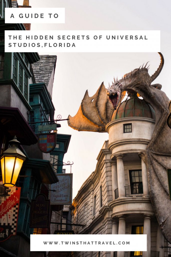 Diagon Alley at the Wizarding World of Harry Potter. Text overlay reads 'a guide to the secrets of Universal Studios, Florida'